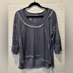 POL Washed Leopard Print Thermal Layered Top Boho Raw Hem Oversized Tunic Sz S